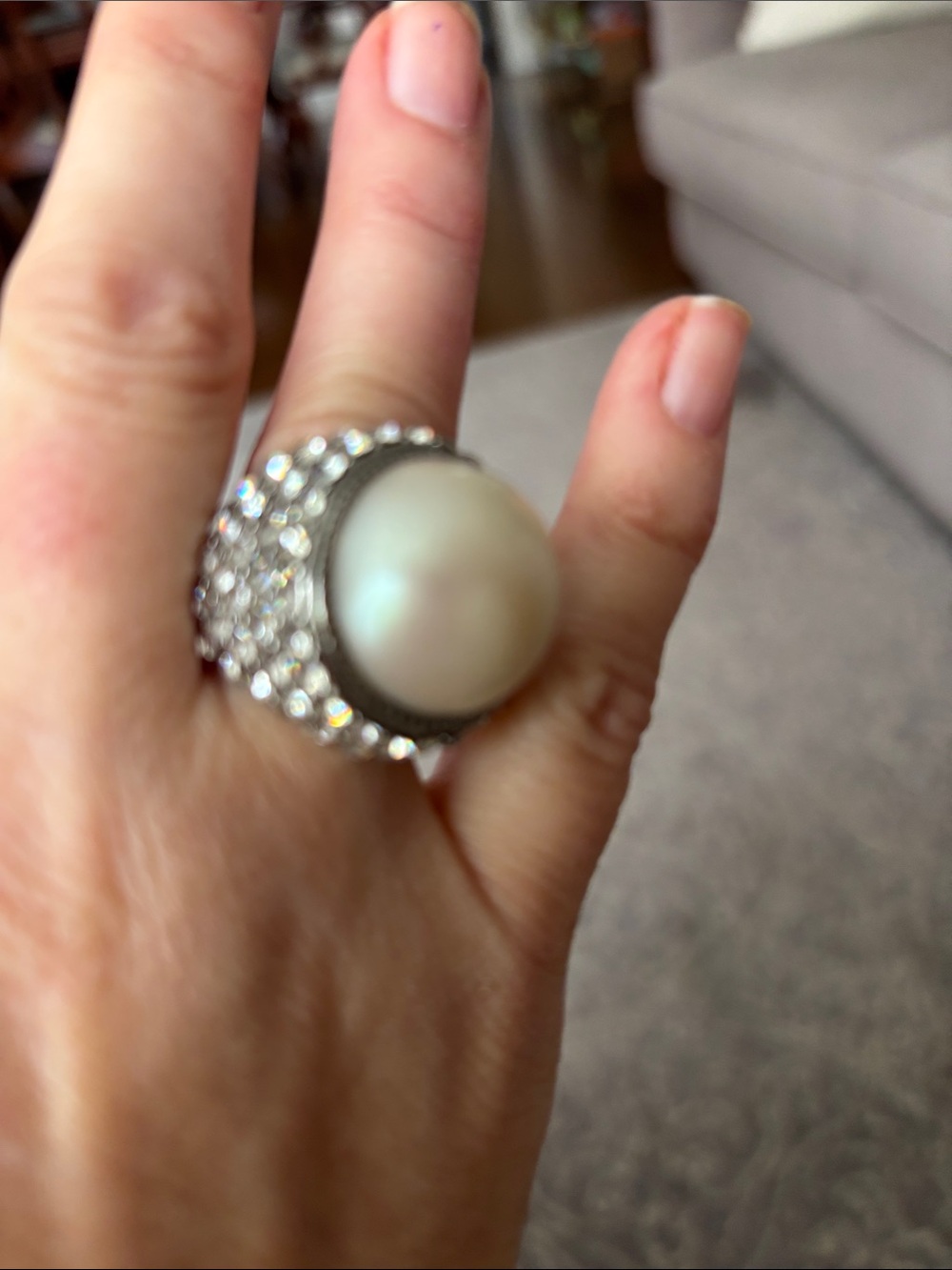 Elegant White Pearl Statement Ring with Crystal Halo